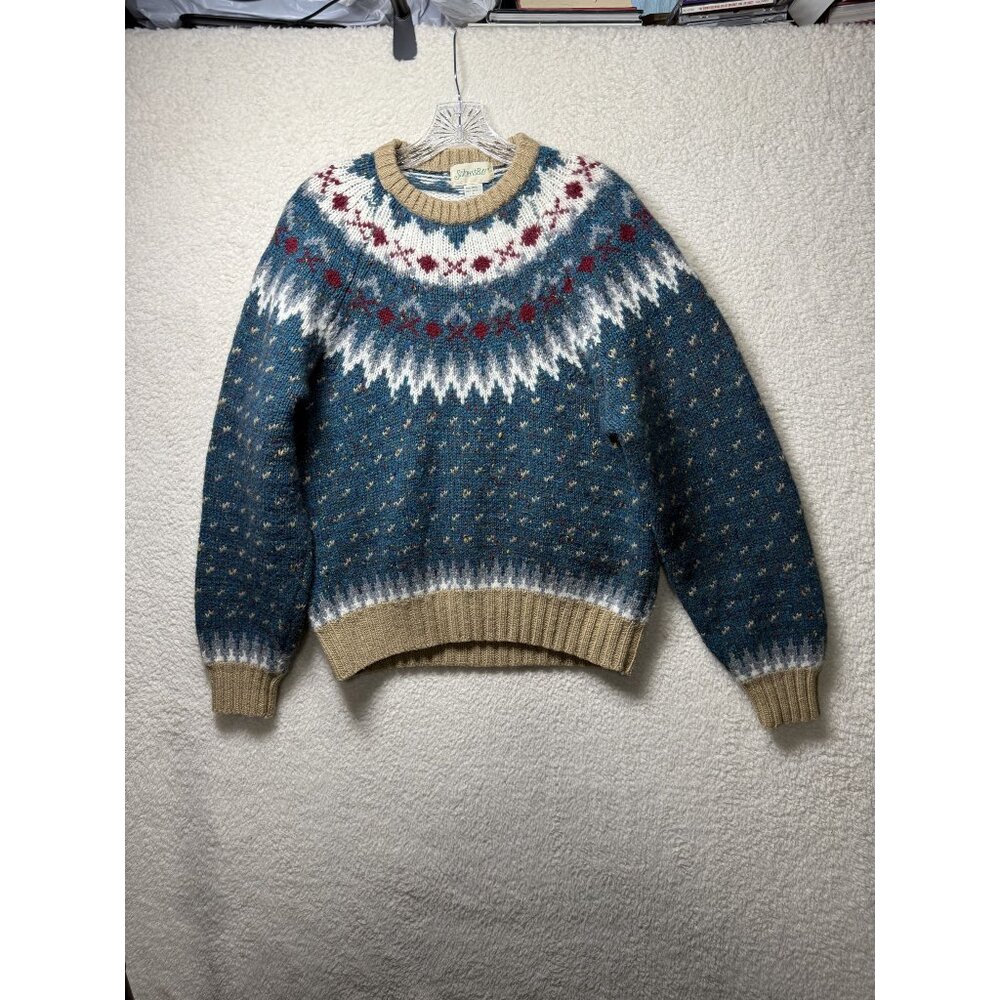 Vintage St. Johns Bay Fair Isle Wool Blend Crewneck Sweater Blue Red Beige Large